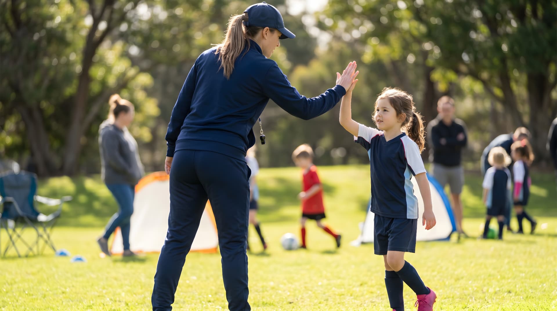 A coach and young soccer player share a high five during practice