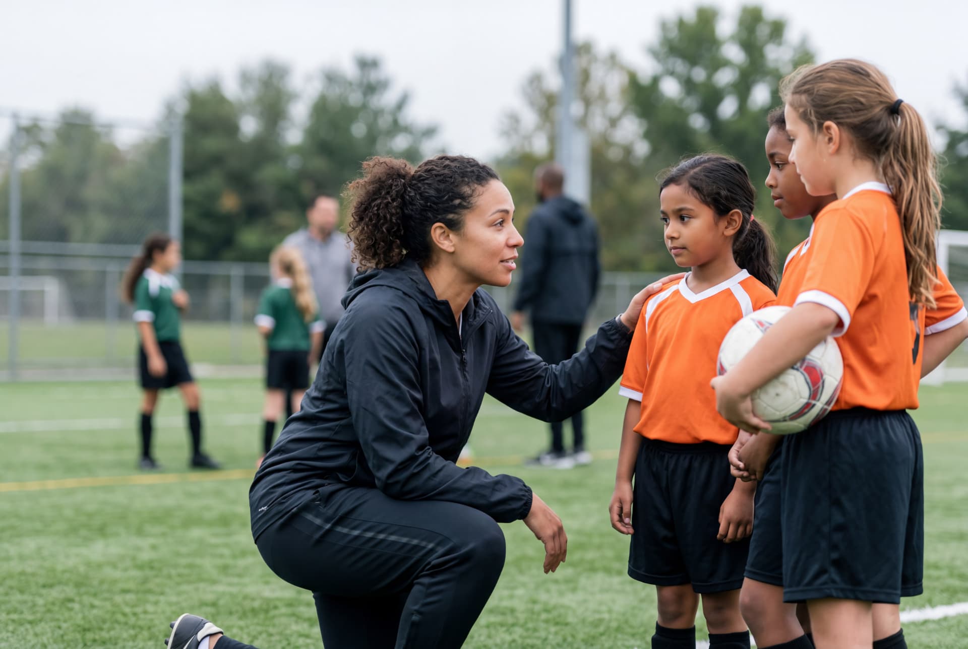A coach kneels to speak with three young soccer players