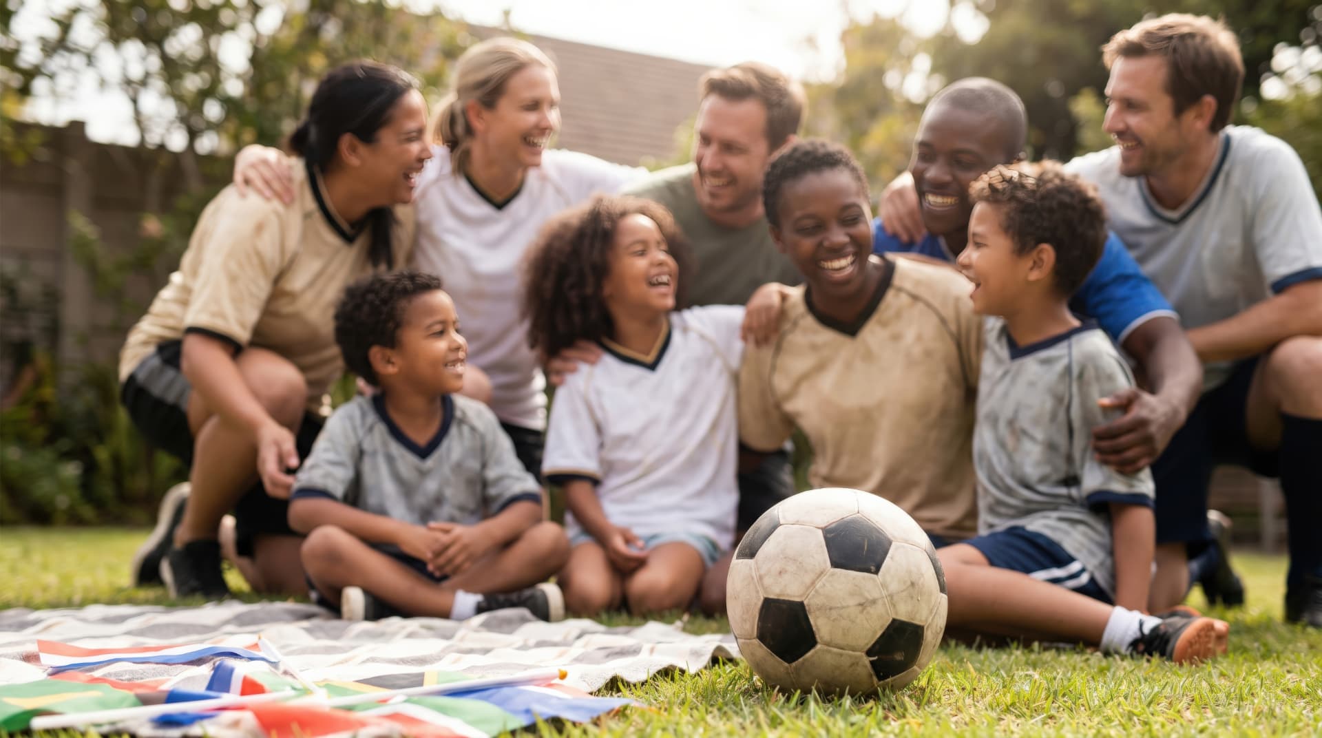 Families and young soccer players gather together beside a soccer ball